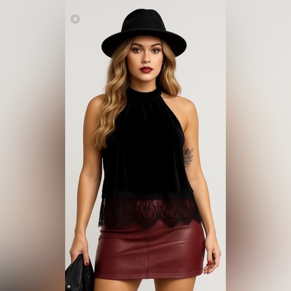 Black Velvet and Lace High Neck Sleeveless Dark Academia Whimsigoth Blouse, S - Picture 1 of 16